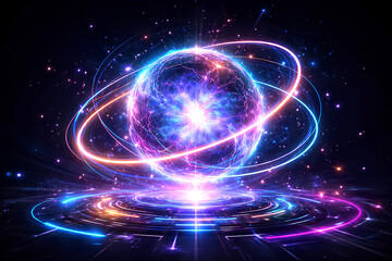 Fototapeta premium Futuristic glowing planet with neon orbit rings and vibrant energy core floating above reflective surface in deep space sci fi background illustration