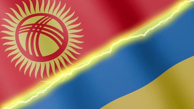 Two waving flags Kyrgyzstan and Ukraine with diagonal lightning seamless, 4k loop