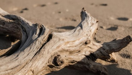 Weathered driftwood on a sandy beach, close-up view.