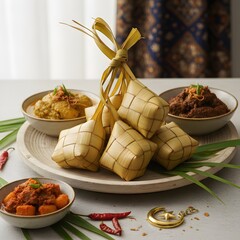 Traditional Southeast Asian dishes, ketupat rice cakes, served with spicy meat stew, curry, and chili peppers on a decorative plate, image (90).jpg