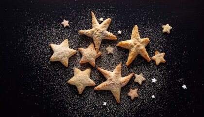 Star-shaped cookies dusted with powdered sugar, set on dark surface