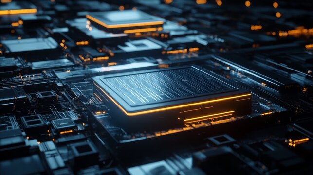 High performance computer processor with vibrant yellow status indicator light detailed view of a cpu with illuminated yellow top light showcasing internal components.