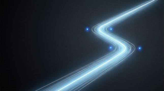 Dark matte backdrop banner with icy blue diagonal lightlane, course correction kink, waypoint beacons, wide copy space for dashboards