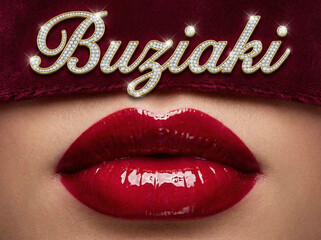 Czerwone usta i napis -Buziaki- w stylu glamour, wysoki połysk © Monika