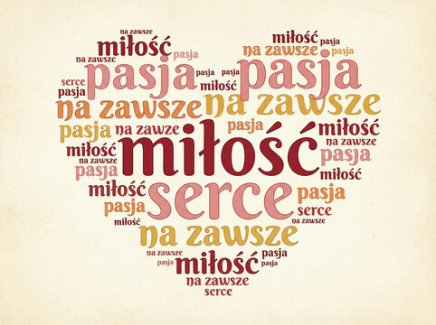 Chmura sł&oacute;w w kształcie serca (word cloud) zawierająca napisy- miłość, pasja, serce
