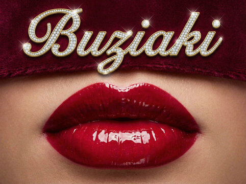 Czerwone usta i napis -Buziaki- w stylu glamour, wysoki połysk