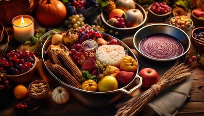 Abundant autumn feast displays colorful fruits, vegetables, and dishes