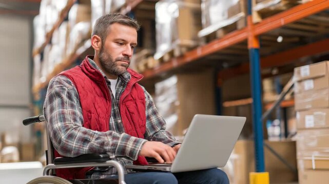 Warehouse worker using a laptop while seated in a wheelchair in a warehouse.