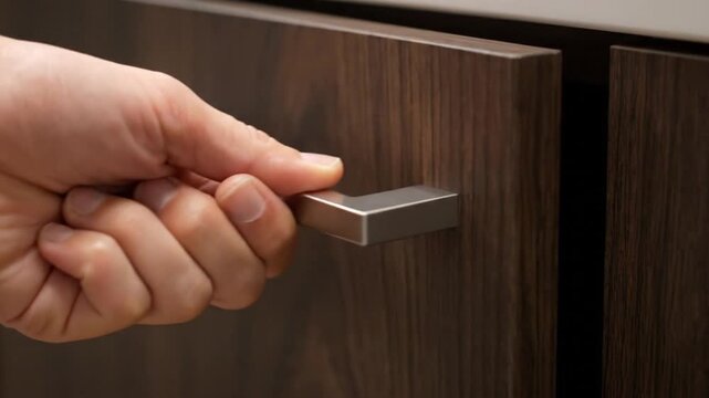 Hand Opening Cabinet Door with Focus on Handle