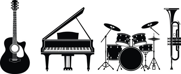 Black and white musical instruments silhouette set featuring acoustic guitar, grand piano, drum kit and trumpet isolated on white background, music icon vector illustration © Rana