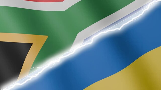 Two waving flags South Africa and Ukraine with diagonal lightning seamless, 4k loop