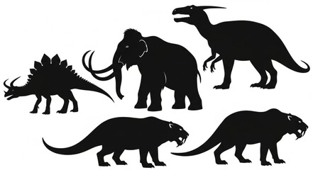 Collection of prehistoric animal silhouettes including dinosaurs and mammals. © Janahchan