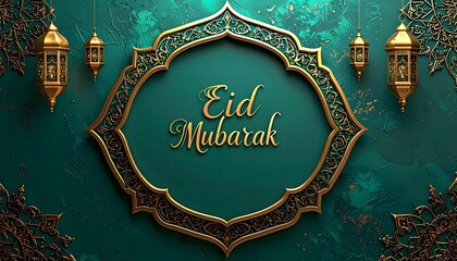 Eid Mubarak celebration theme with golden lanterns and ornaments on a green background viewed from directly above as seen in image (92).png