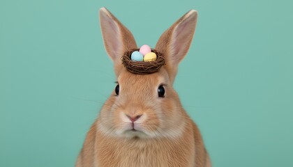 Fototapeta premium Close-up portrait of an adorable brown rabbit with a easter eggs nest wreath on its head against a pastel green background, an Easter celebration, Whimsical Easter Rabbit / Spring Animal