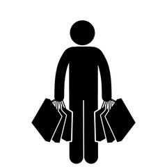 Stick figure carrying multiple shopping bags after retail purchase.