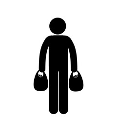 Stick figure holding many shopping items from retail store.