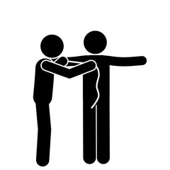 Stick figure tailor measuring client body for clothing.