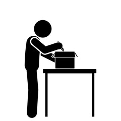 Stick figure opening package box unboxing delivery parcel.