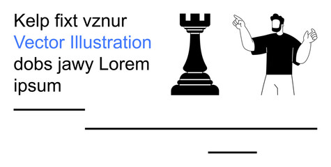 Education, strategy, conceptual thinking, minimalism, text layout, creative design. Chess rook and gesturing figure accompanied by lorem ipsum text. Strategy and creative design concept © robu_s