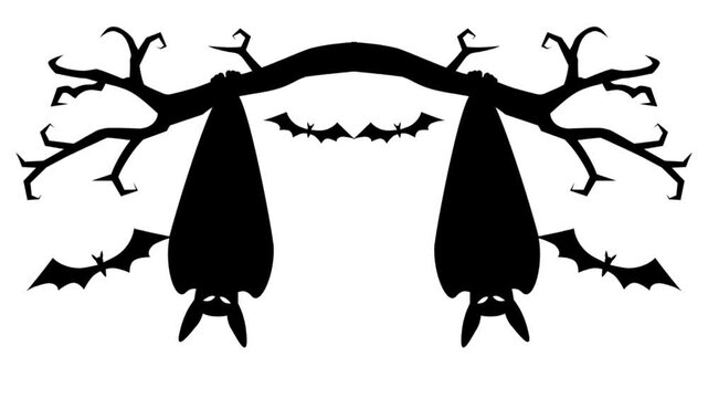 Silhouette of bats hanging and flying around a spooky tree branc