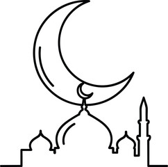Islamic crescent moon over mosque silhouette, simple line art, cultural symbol