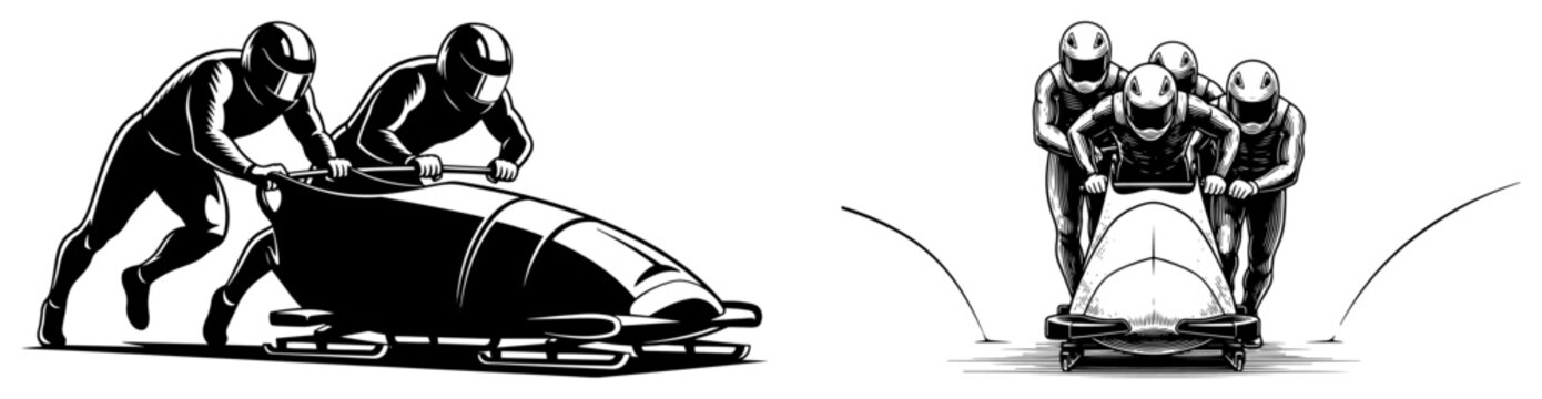 Collection of bobsleigh teams pushing sleds from different angles in woodcut vector style