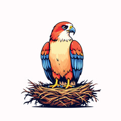 Colorful falcon bird standing in straw nest