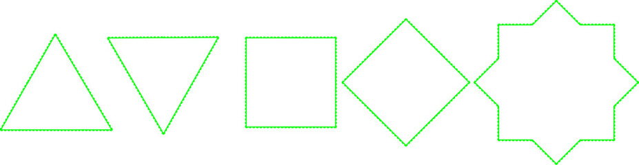 Olive green geometric shapes: triangle, inverted triangle, square, diamond, and star, lined up on a white background. Perfect for design, patterns, and abstract themes.