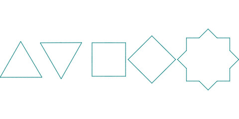 Teal geometric shapes: triangle, inverted triangle, square, diamond, and star, displayed in a row on a white background. Perfect for design, patterns, and abstract concepts.