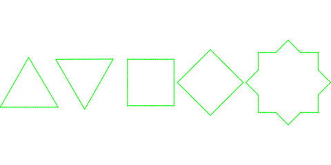 Rich green geometric shapes: triangle, inverted triangle, square, diamond, and star, presented in a row on a white background. Suitable for design, patterns, and abstract concepts.