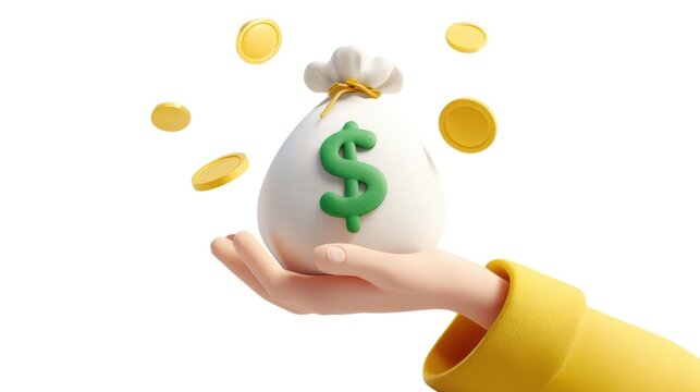A cartoon-style human hand holds a textured white money bag featuring a prominent green dollar sign, surrounded by floating gold coins.