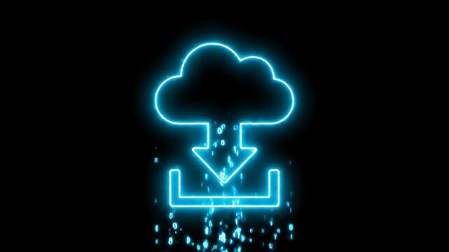 Neon blue cloud download icon with glow and particles in dark background.
