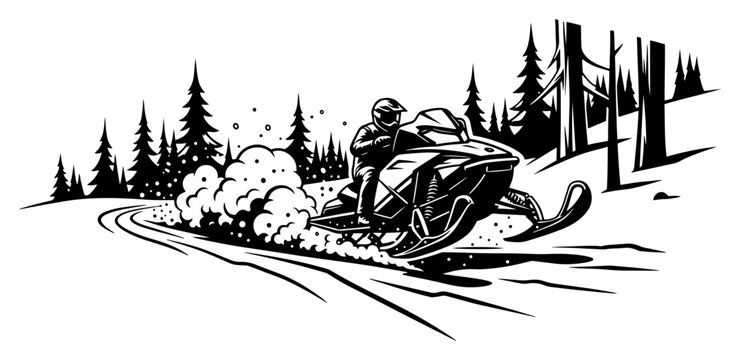 Professional snowmobile rider performing a sharp turn on a snowy mountain trail black and white vector graphic