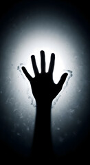 Silhouette of a hand reaching out, grasping or scratching motion on a sinister white cold background, symbolizing horror or danger, for Halloween content vertical template with copy space.