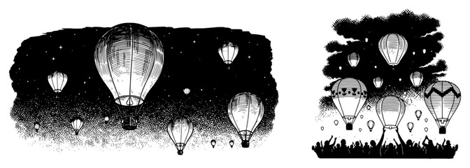 Vintage hand drawn illustration of hot air balloons and floating lanterns in the night sky © Camel