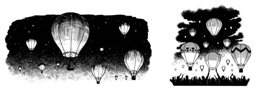 Vintage hand drawn illustration of hot air balloons and floating lanterns in the night sky