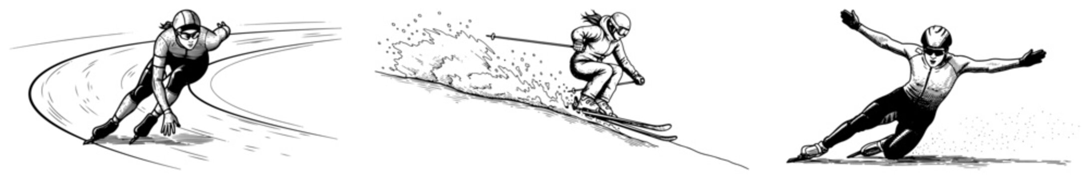 Set of hand drawn winter sports illustrations featuring speed skaters and a downhill skier