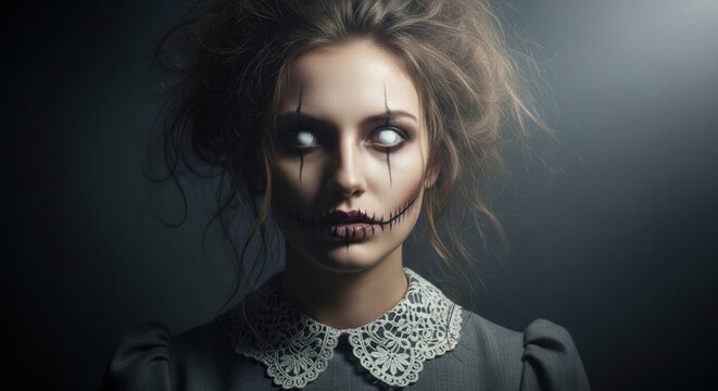 Crazy woman with white eyes in gothic attire, grey dress, an eerie and mysterious portrait for Halloween or horror themed art. Banner template vintage cinema shot, madness broken dolls.