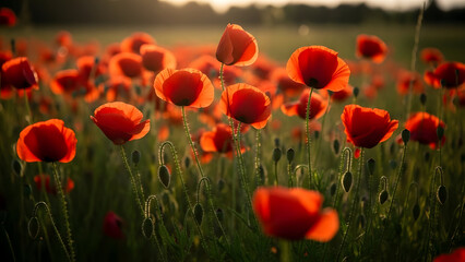 Fototapeta premium A vibrant field of red poppies blooming under the clear blue sky.