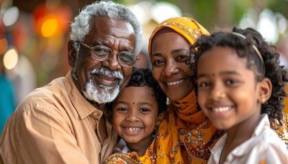 Happy multi-generational family with smiling grandparents and children together outdoors in a joyful scene