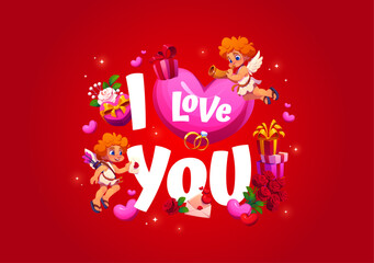 Naklejka premium Valentine greetings card with I love you quote, Cupids and heart, vector typography. Cartoon Valentine card love holiday gifts, flowers and Cupid cherub angels characters with romantic quote phrase
