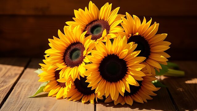 centerfold. Sunflower arrangement on rustic wooden surface with warm yellow tones and natural side lighting. gardening catalogs, home-decor guides, designed for home decor and floral branding.