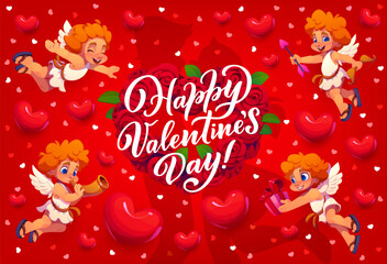 Naklejka premium Happy Valentine day banner with couple silhouette, cherub cupids and red hearts, symbolizing affection emotions, romance and celebration. Vector festive and heartfelt greeting card for loving pairs