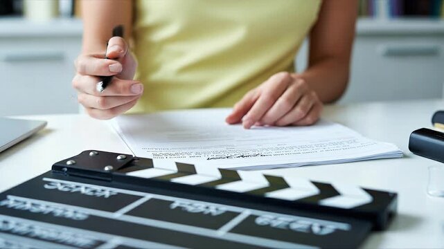 Scene Ready: Close-up of a person's hands and a film slate, poised for action and creativity. Emphasizing the craft and pre-production of cinematic storytelling.