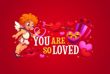 Naklejka premium You are so loved Valentine day quote greeting card. Cartoon vector banner with cute cupid cherub character and hearts, surrounded by gift box, lips, arrow, hearts, lips and sparkles on red background