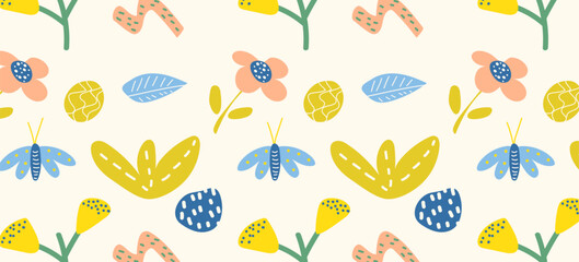 Modern spring pattern with hand-drawn doodle floral elements. Seamless repeating design with a fresh, light, and cheerful mood