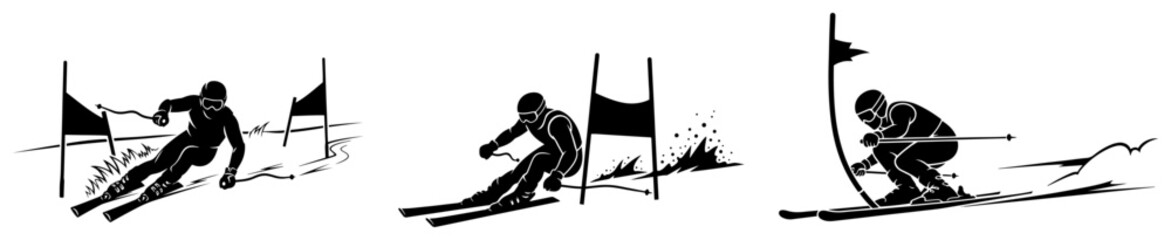 Fototapeta premium Black and white vector set of alpine skiers racing through gates on a mountain slope