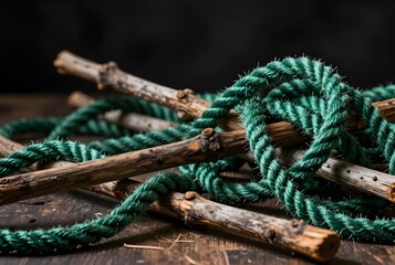 Abstract Still Life of Coiled Rope and Wooden Poles on Dark Background
