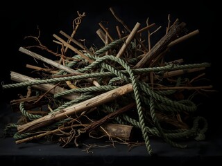 Abstract Still Life of Coiled Rope and Wooden Poles on Dark Background