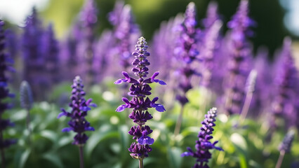 Obraz premium A vibrant field of purple flowers blooming under the sunlight.